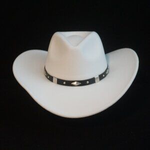 Lanzom Classic Felt Wide Brim Western Hat with Black Belt Buckle Silver Accents